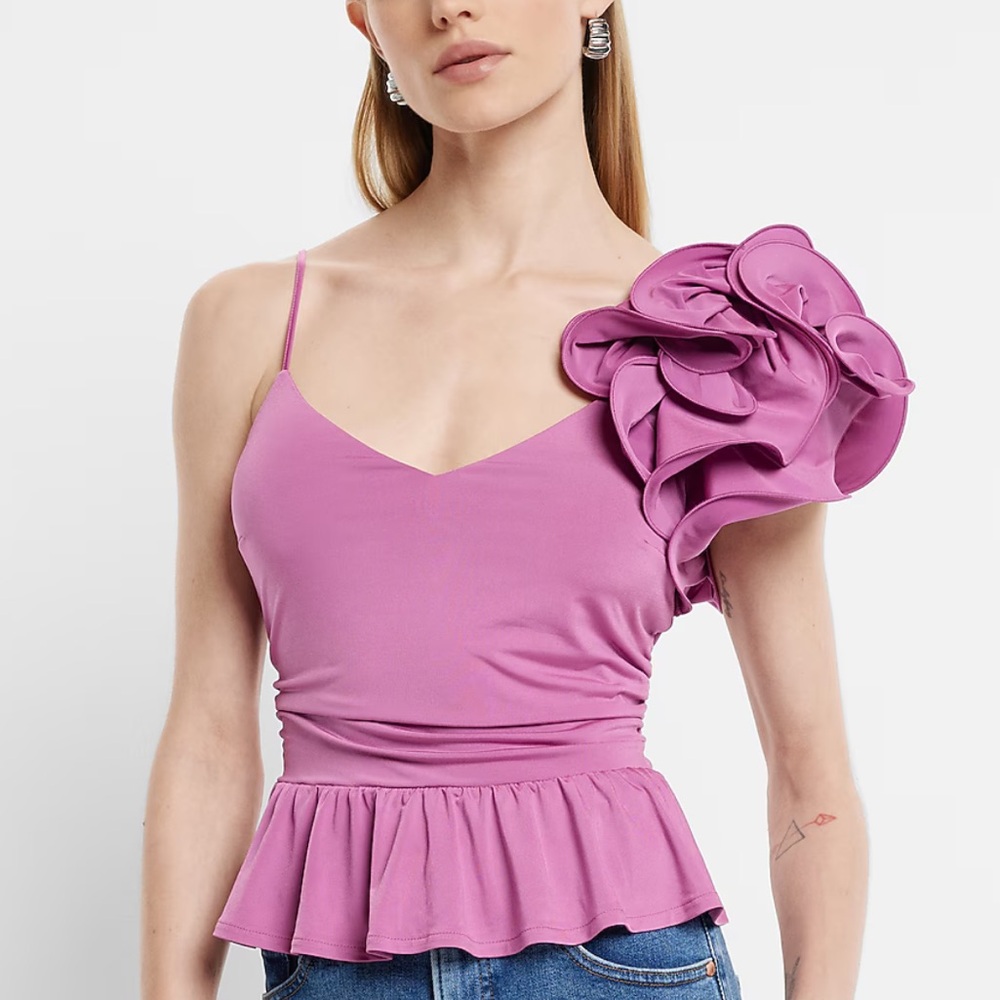 NWT Express V-Neck One Shoulder Rosette Peplum Cami in Purple